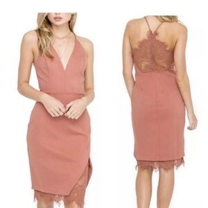 ASTR the Label Peeking Lace Bodycon Dress in a coral pink hue, Size Small